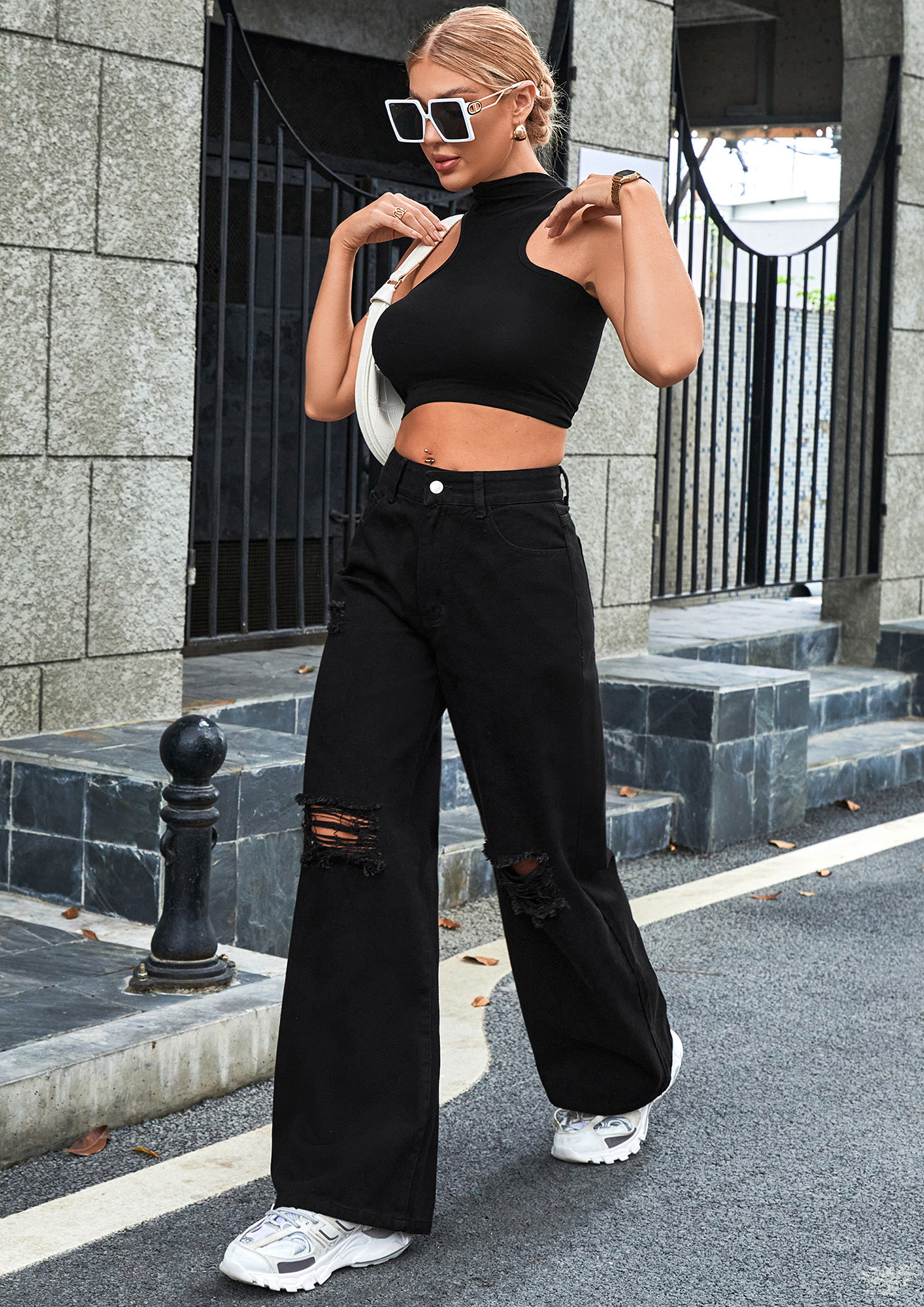 Buy IN BLACK RIPPED WIDE LEG JEANS for Women Online in India