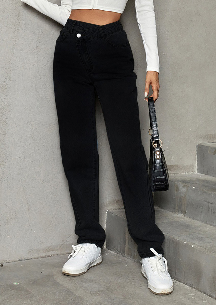 BLACK LAYERED-FRONT HIGH-RISE STRAIGHT JEANS