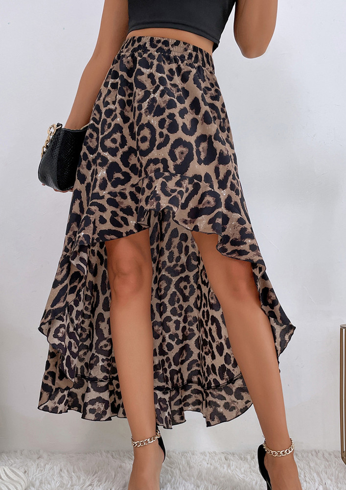 Brown Animal Print Asymmetrical Ruffle Maxi Skirt