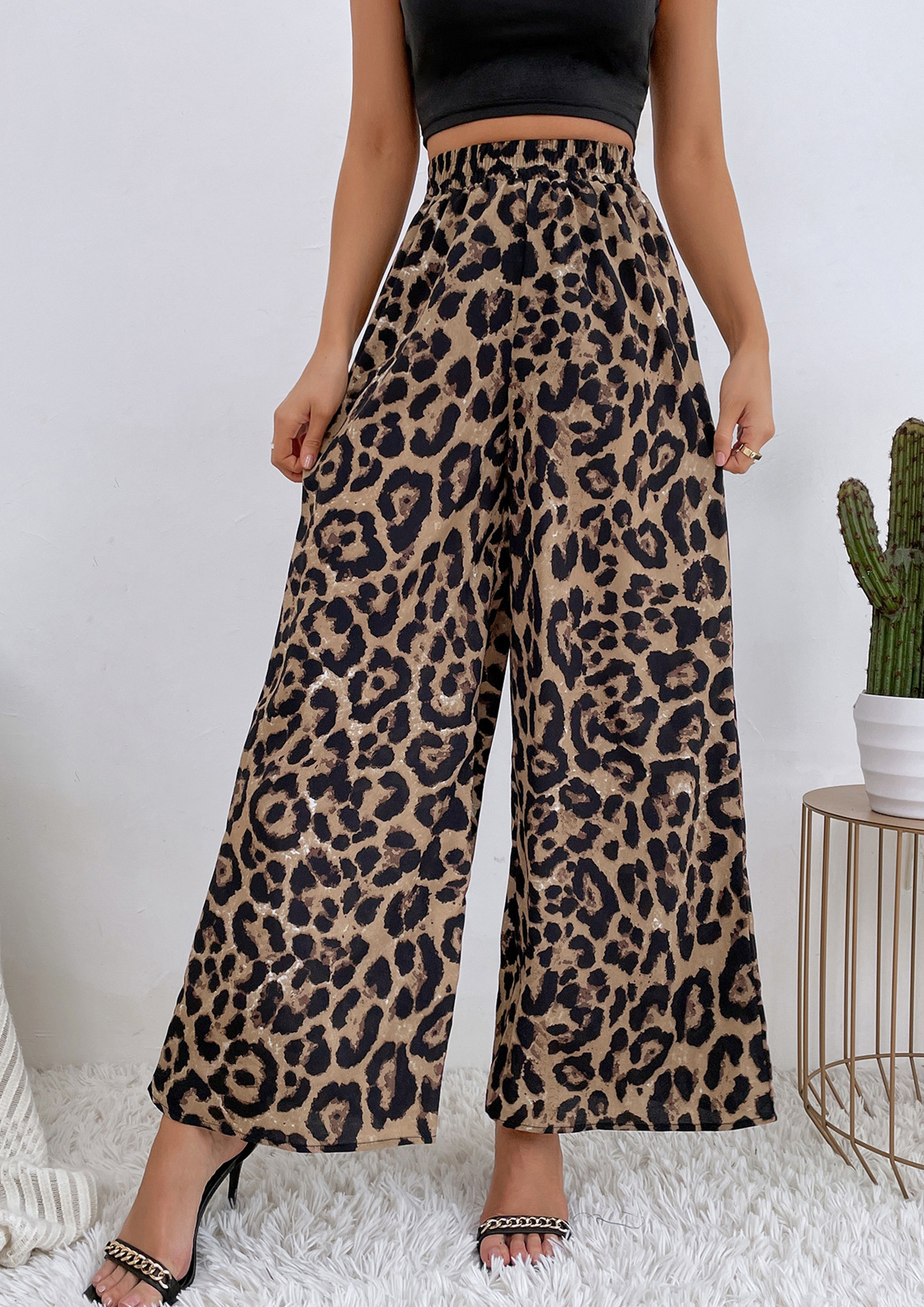Walking Confidently In My, High Rise, Cinched Waist, Printed, Brown, Palazzo Bottoms