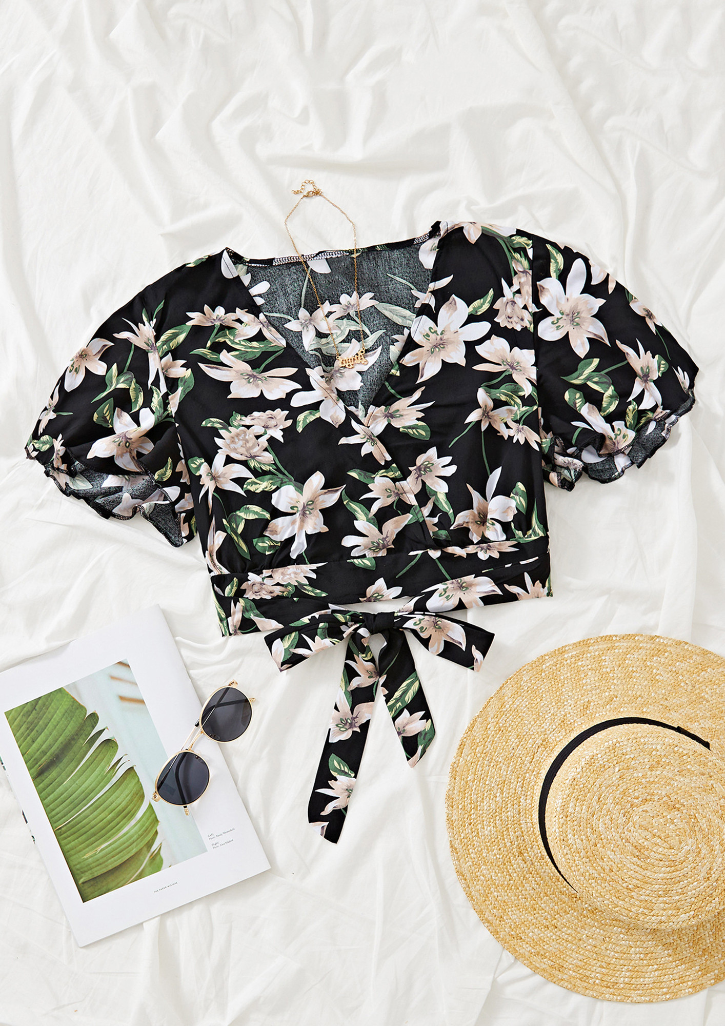 ALL FLOWERS ATTACHED BLACK CROP TOP
