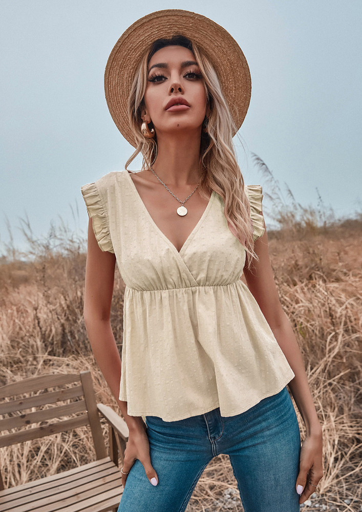 SOLID V-NECK RUFFLE-TRIMMED BLOUSE