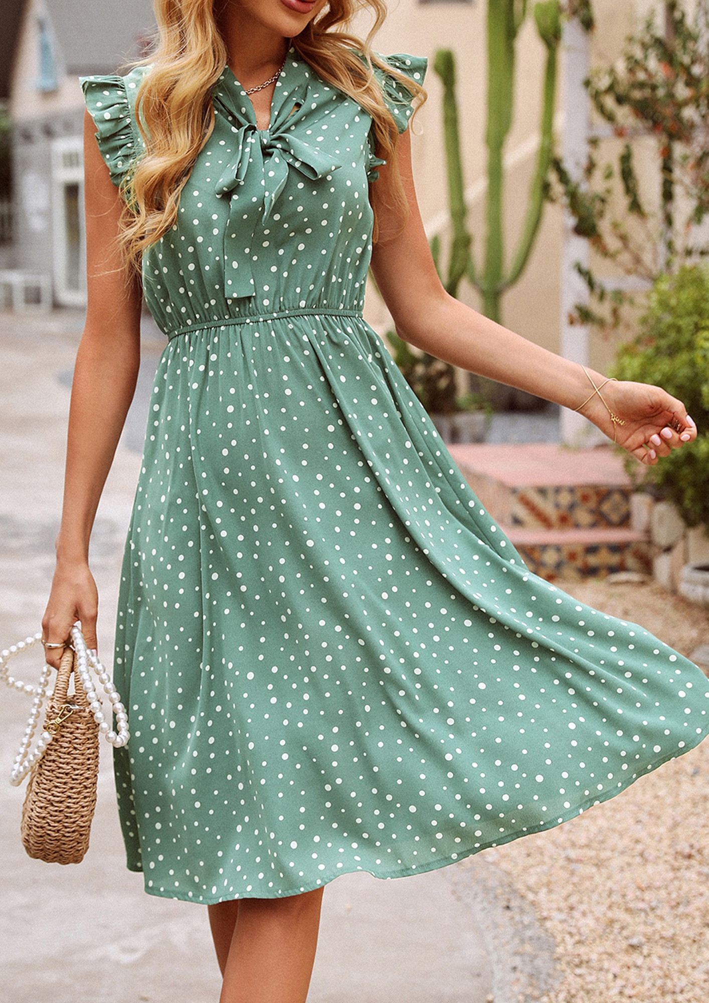 Vintage Style Fall Outfit: Green Polka Dot Dress - Lizzie in Lace