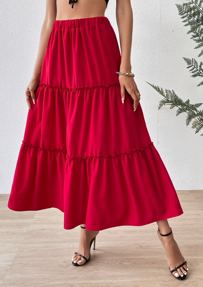 TIERED RED HIGH-RISE MAXI SKATER SKIRT