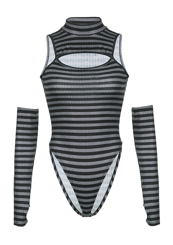 STRIPED CUT-OUT DETAIL FITTED GREY BODYSUIT