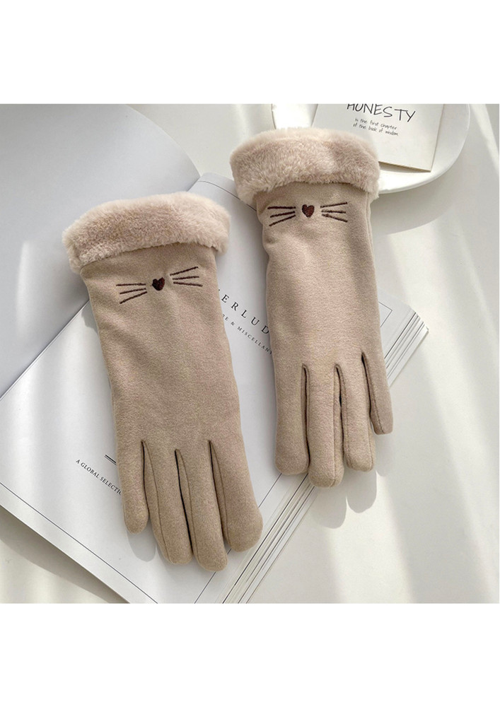 Beige Warm Knitted Faux-fur-inside Gloves