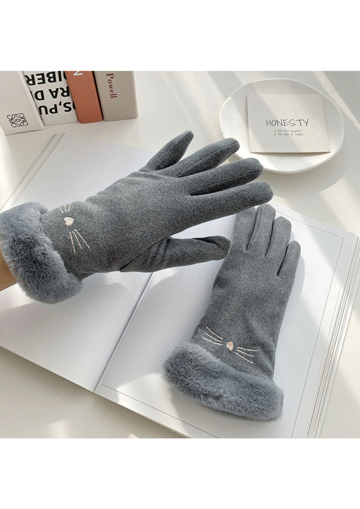 Grey Warm Knitted Faux-fur-inside Gloves