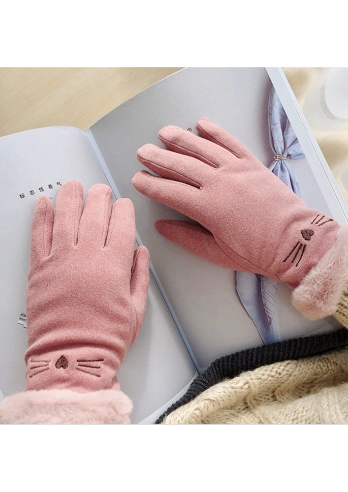 Pink Warm Knitted Faux-fur-inside Gloves