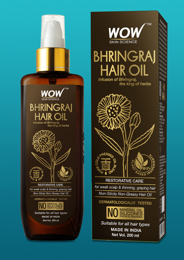 Wow Skin Science Bhringraj Hair Oil - For Hair Restoration - For All Hair Types - Non-sticky & Non-greasy Hair Oil - No Mineral Oil, Silicones, Synthetic Fragrance - 200ml