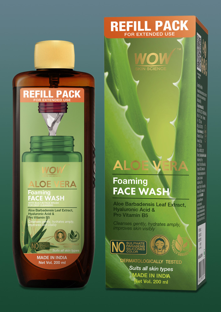Wow Skin Science Aloe Vera Foaming Face Wash Refill Pack - For Cleansing & Hydrating - For Extended Use - No Parabens, Sulphate, Silicones & Color - 200 Ml