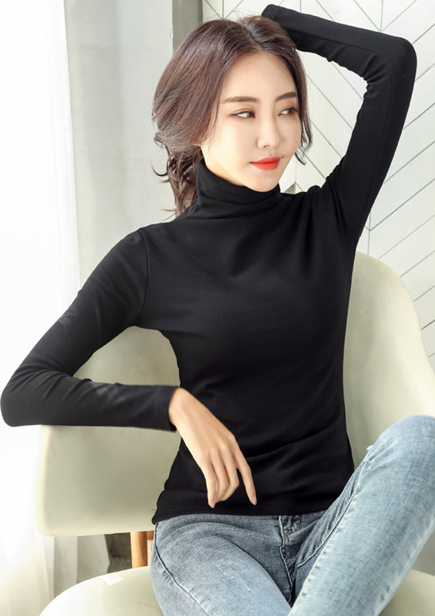 Buy POLYESTER SOLID BLACK HIGH-NECK T-SHIRT for Women Online in India