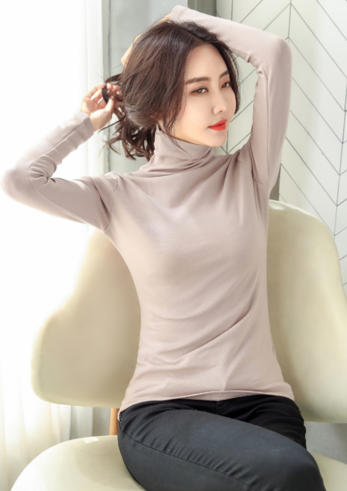 POLYESTER SOLID BEIGE HIGH-NECK T-SHIRT