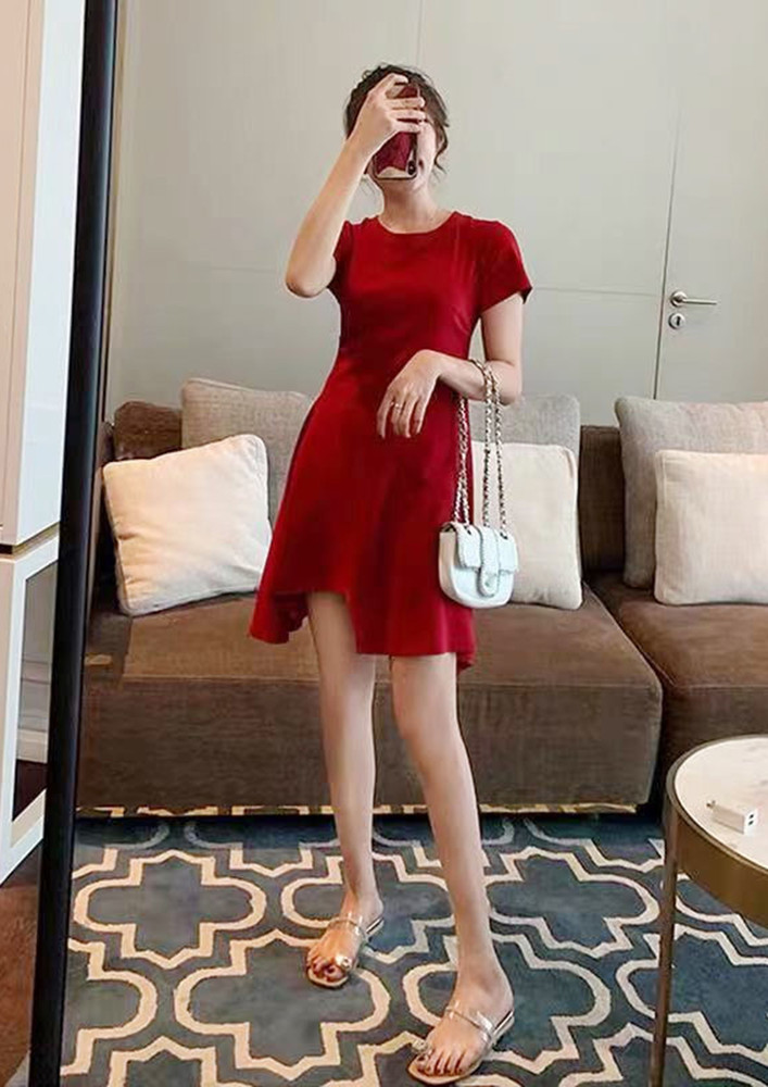 RED KNIT SOLID ASYMMETRICAL DRESS