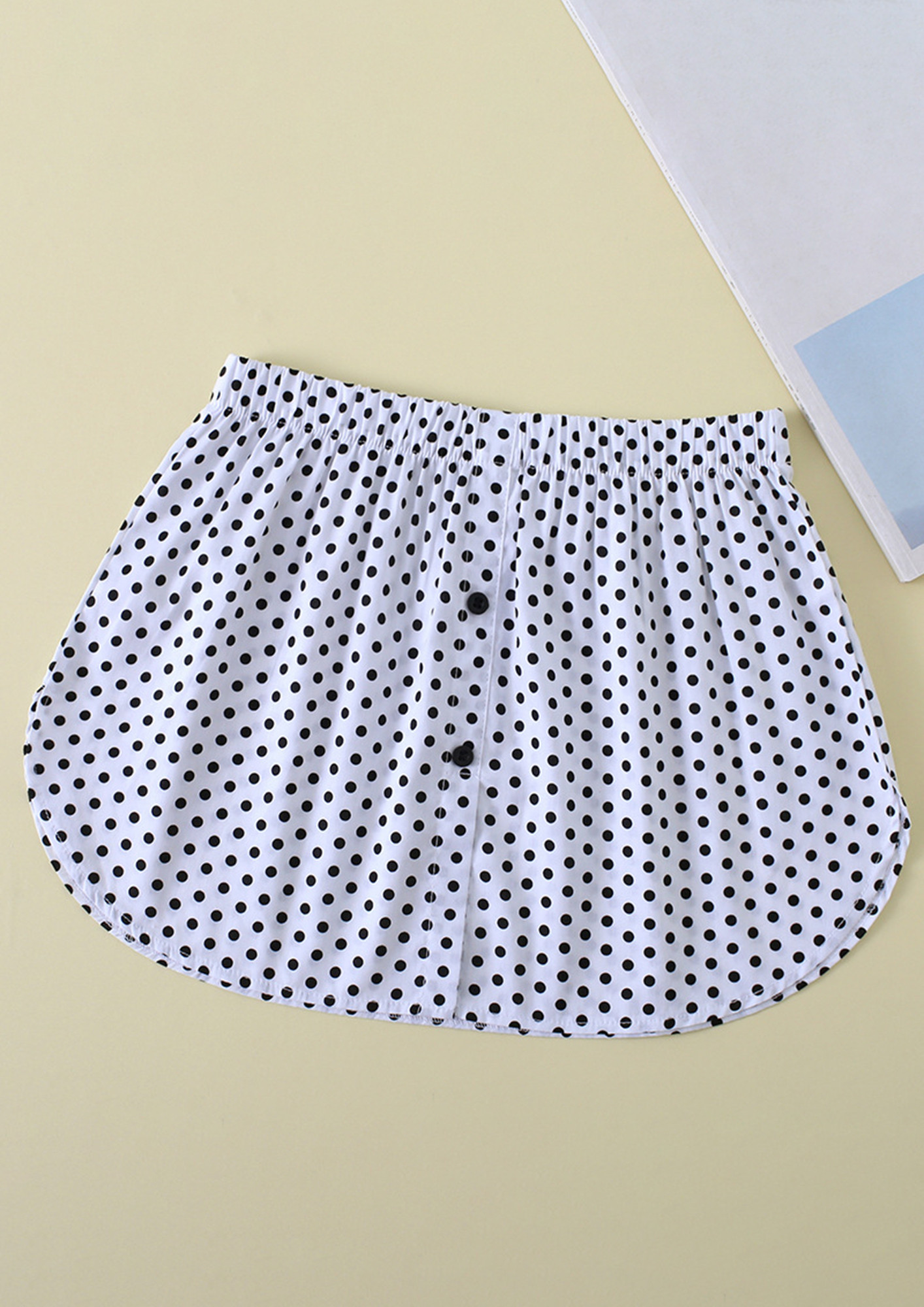 GRABBING THE AREA AND YOUR LOVE WITH, ELASTICATED, POLKA PRINT, BUTTON CLOSURE, WHITE, FAKE HEM