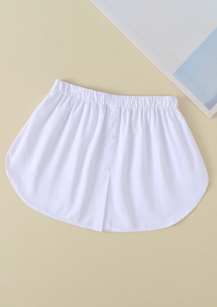 ATTENTION ON THE TABLES PLEASE! ELASTICATED, BUTTON DOWN CLOSURE, SOLID, WHITE FAKE HEM