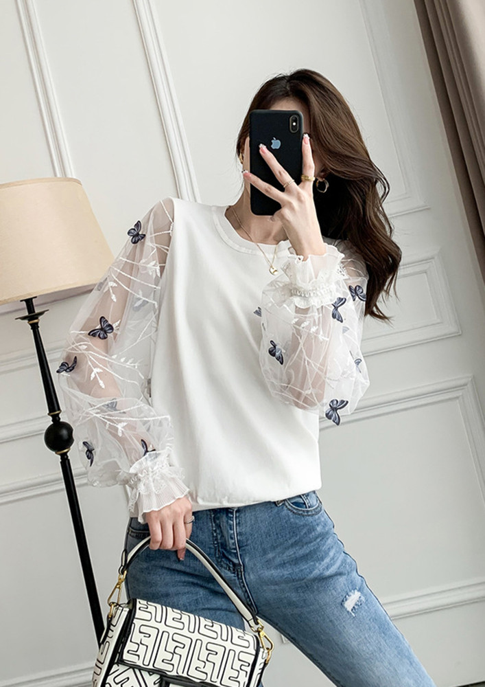 IN TRANSPARENT PRINTED SLEEVE DETAIL WHITE  BLOUSE