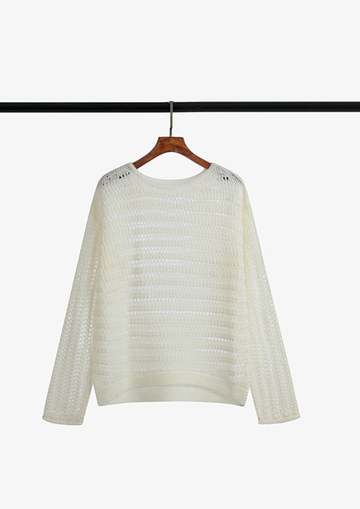 A KNITTED HOLLOW-OUT DETAIL WHITE RELAXED TOP