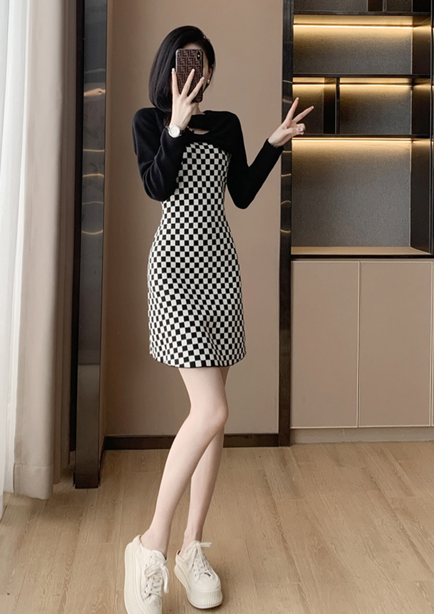 Black And White Mandarin Collar Checkered Dress For Women - 109F.com