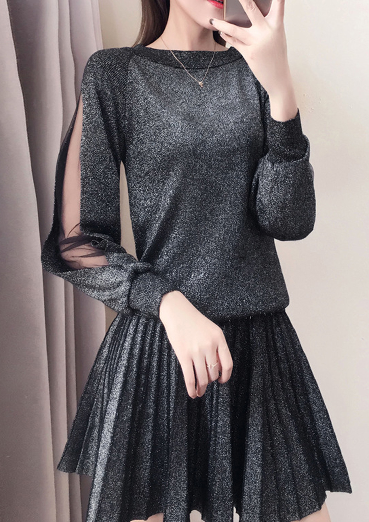 BLACK BLOUSE TOP WITH PLEATED SKIRT CO-ORD SET