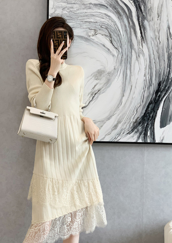 CREW NECK KNITTED OFF-WHITE LACE TRIM MIDI DRESS