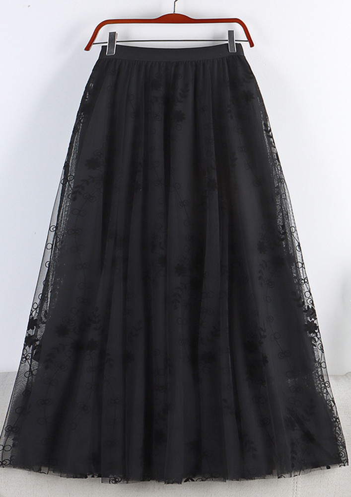 Cindrella In Black Flower Mesh Midi Skirt