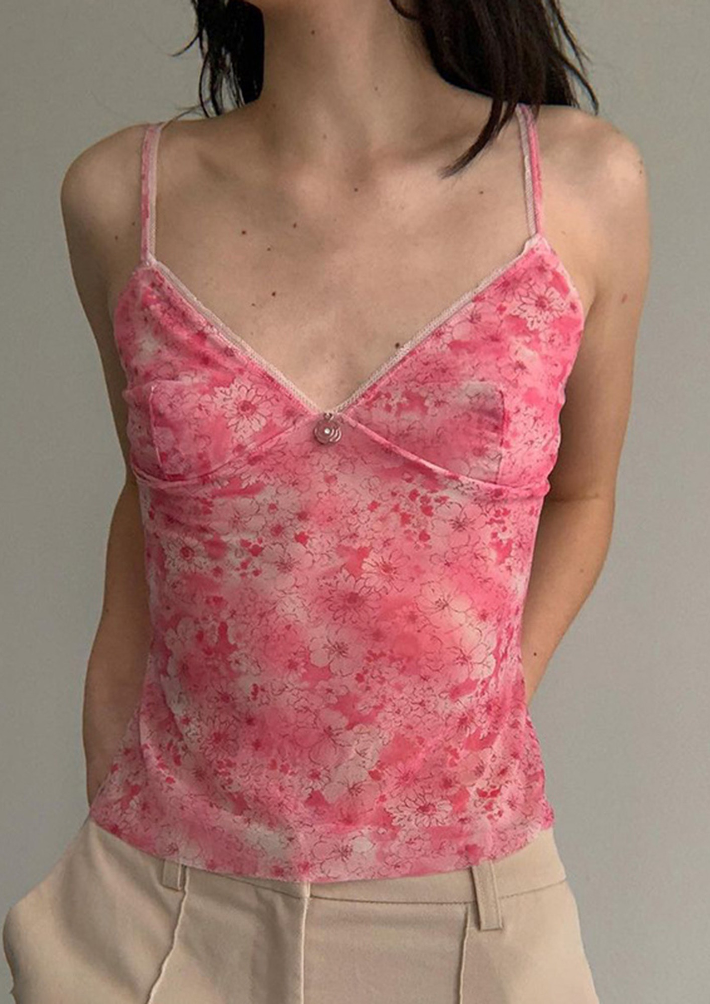 PRINTED V-NECK FITTED PINK CAMI