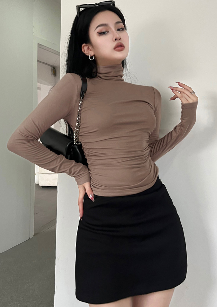 HIGH-NECK SOLID BROWN FULL SLEEVE JERSEY TOP
