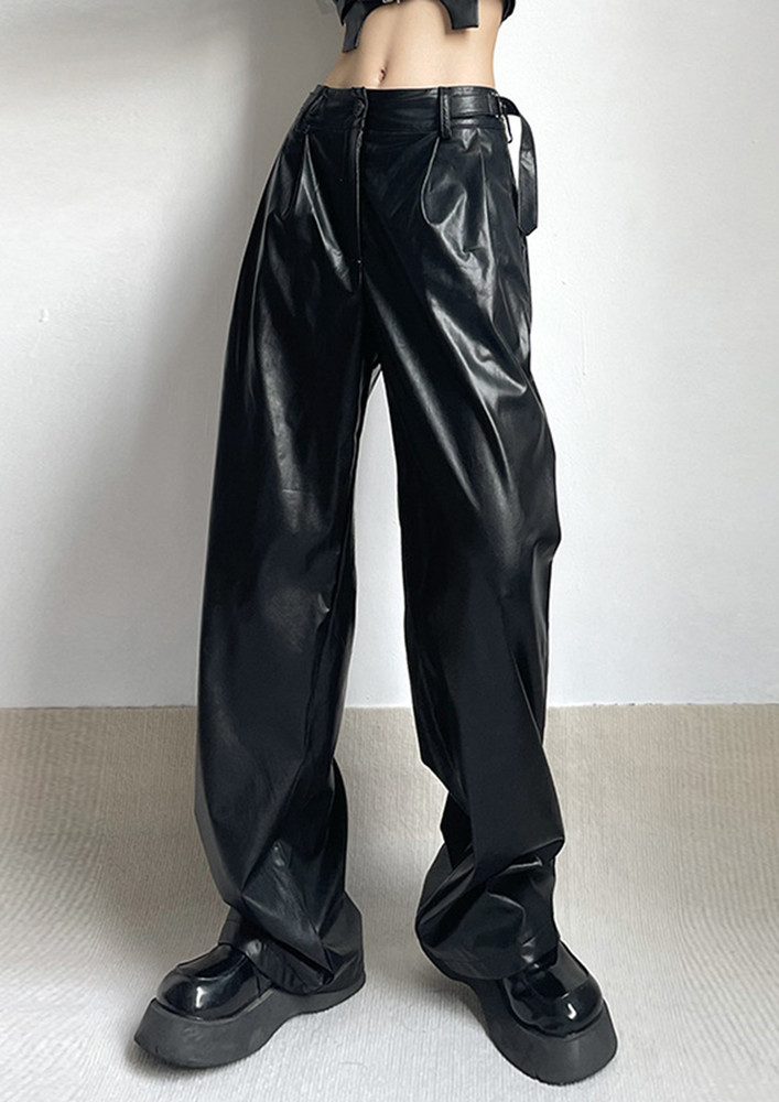 THE BLACK FAUX LEATHER RELAXED STRAIGHT FIT PANTS