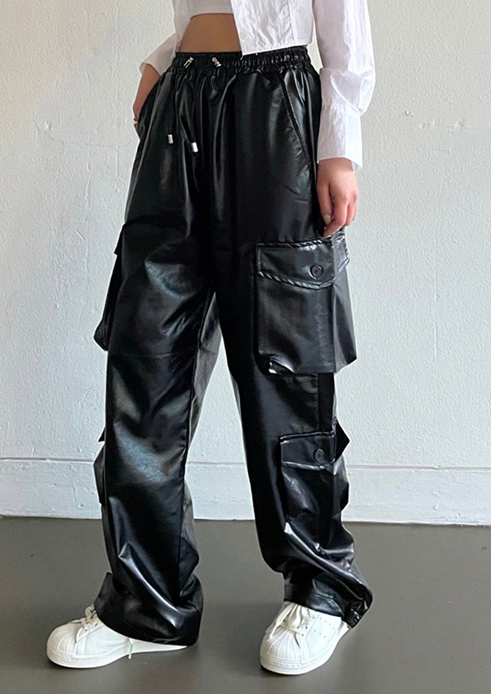 HIGH-RISE STRAIGHT BLACK FAUX LEATHER CARGO PANTS