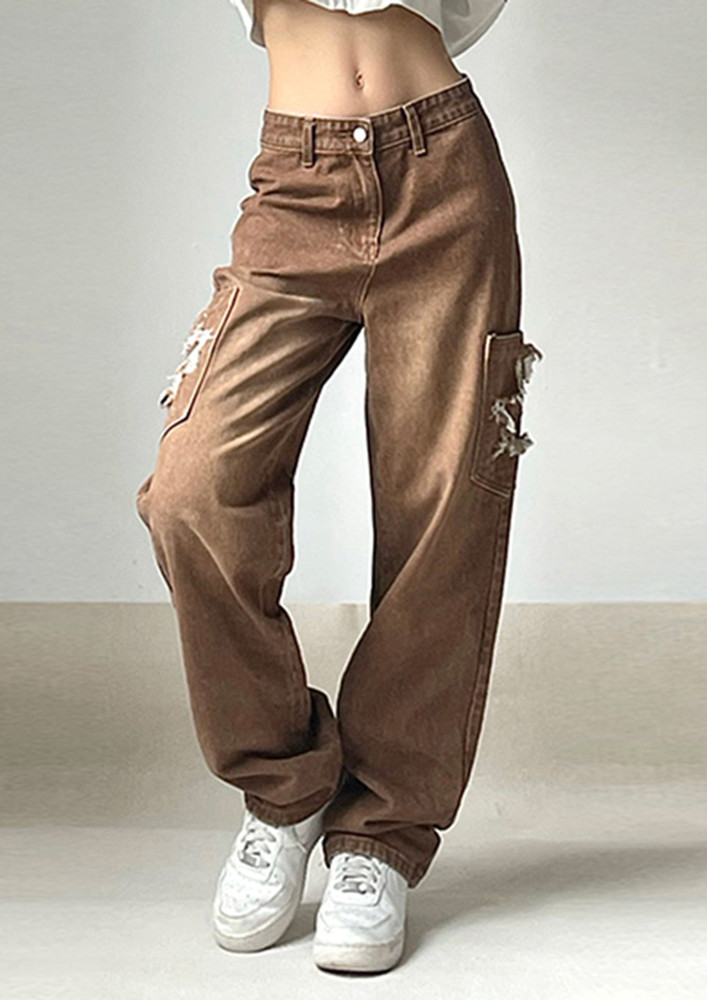 OUT IN A BROWN CASUAL STRAIGHT FIT JEANS