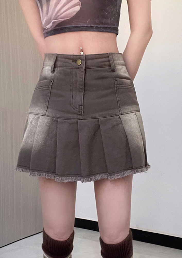 WASHED PLEATED Y2K BROWN MINI SKIRT
