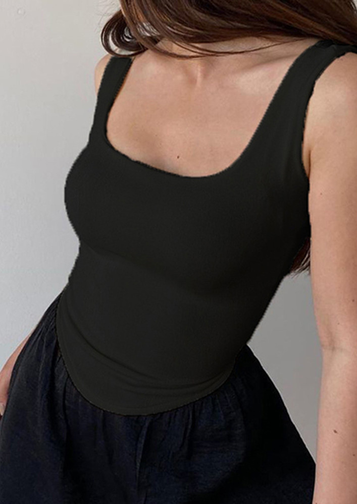 BLACK CORSETRY-STYLE FITTED VEST TOP