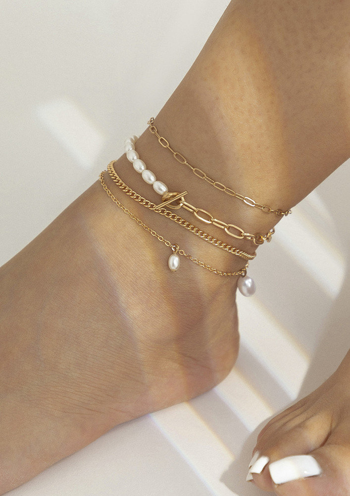 Imitation Pearls & Golden Chain Anklets (set Of 4)