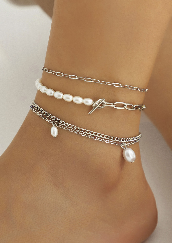 Imitation Pearls & Silver Chain Anklets (set Of 4)