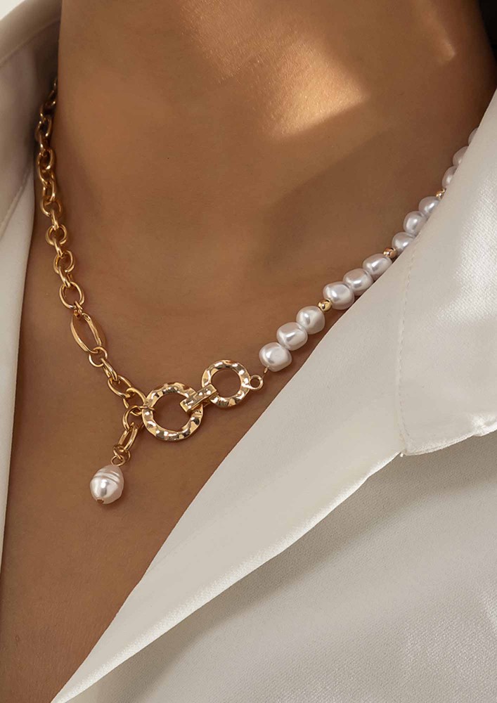 Drop Of Pearl Golden Necklace