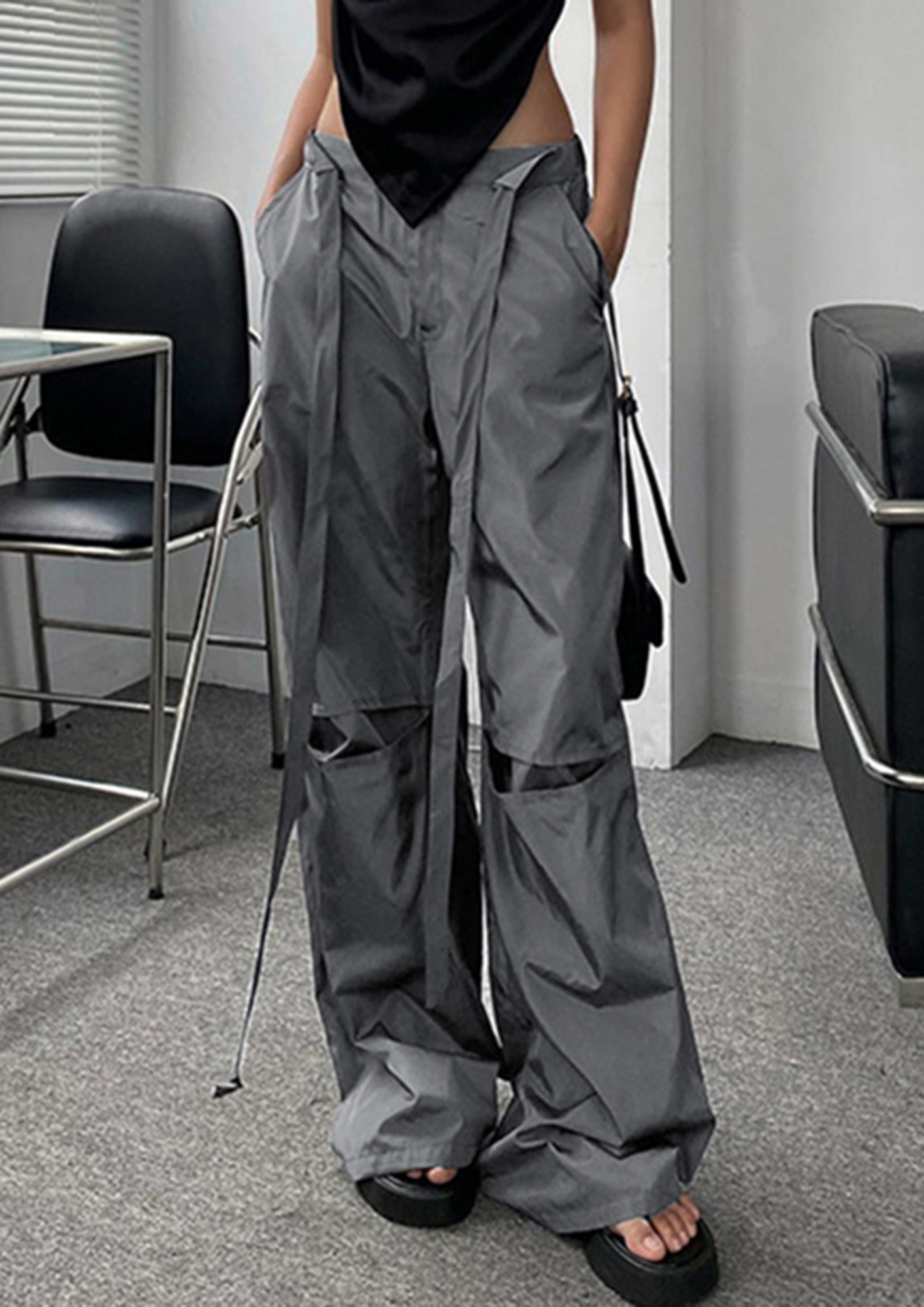 Microfibre Black Wide Leg Parachute Trousers | Chute – motelrocks.com