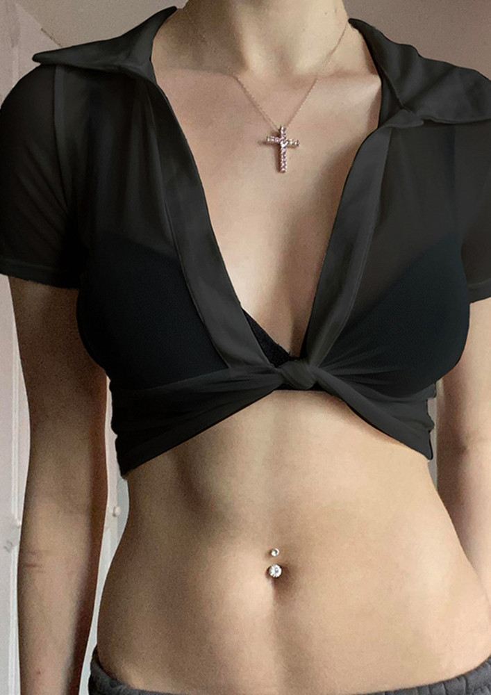 PLUNGING COLLAR TWISTED BLACK CROP TOP