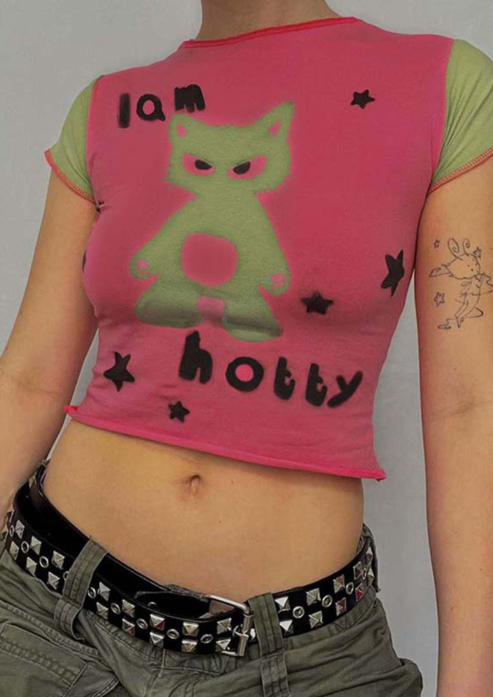 HOLLY CAT PINK AND GREEN T-SHIRT