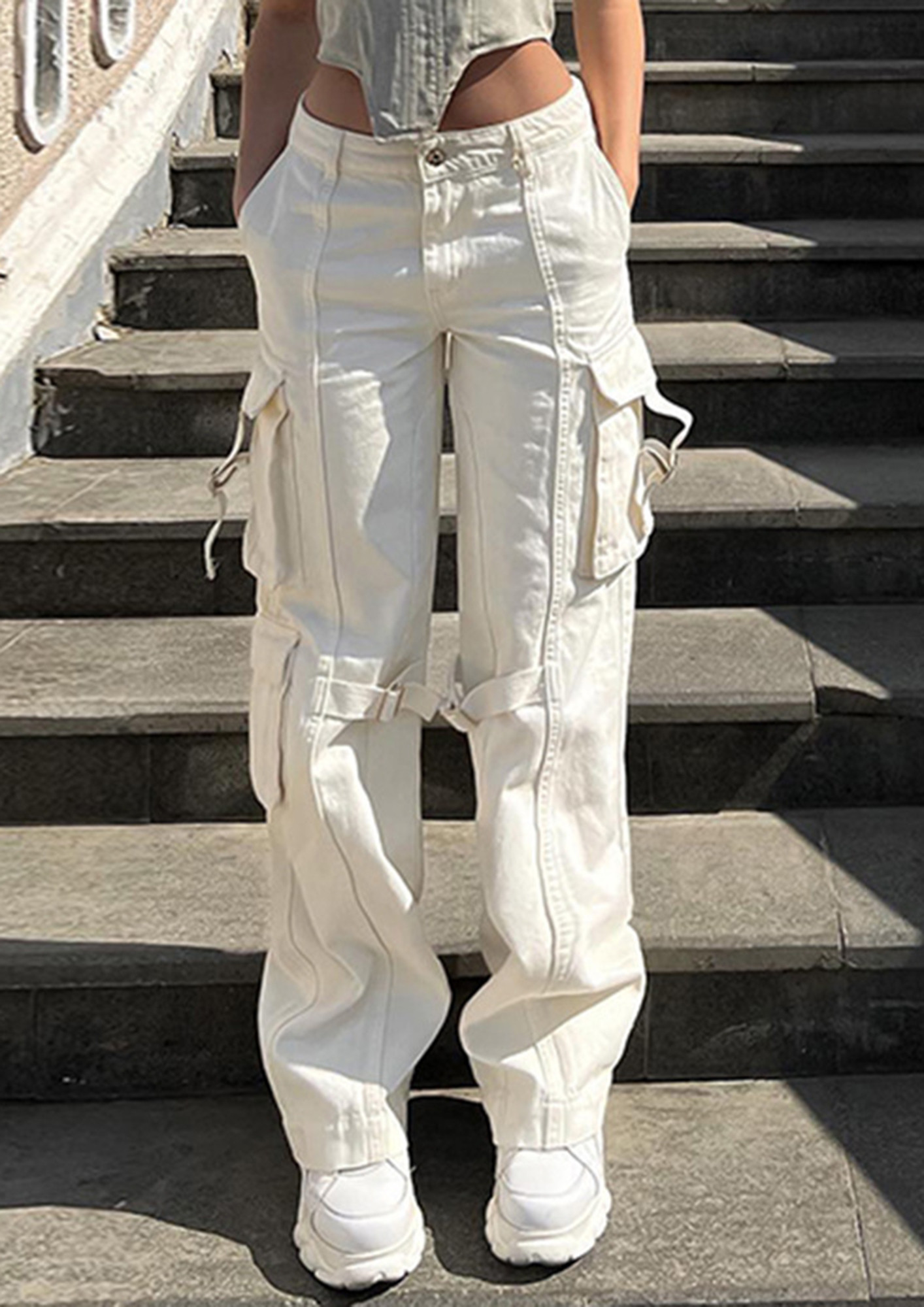 Buy WHITE CARGO MID-RISE STRAIGHT CASUAL TROUSERS for Women Online in India