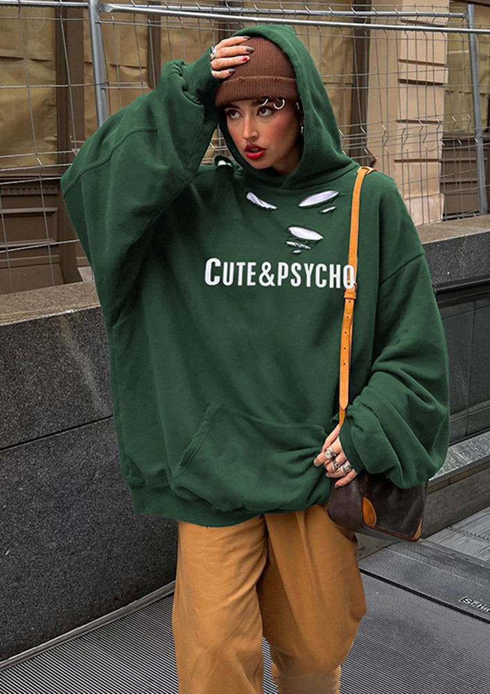 Looks-like-a-cute-dapper, Kangaroo Pocket, Printed, Hooded, Green, Sweatshirt