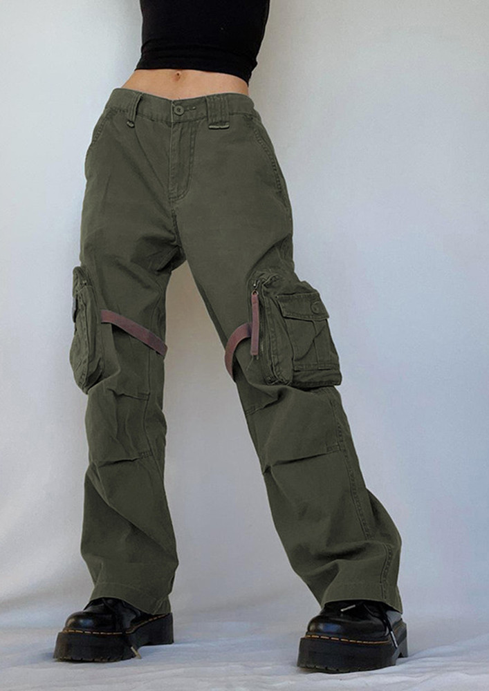 All About Last Week's Walk , Multi Pocket, Zip-up Button Closure, Low-rise, Green, Tooling, Wide Leg Jeans