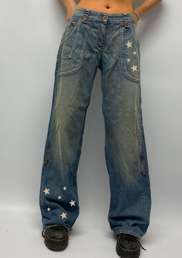 RELAXED PRINTED WASHED-OUT BLUE STRAIGHT JEANS