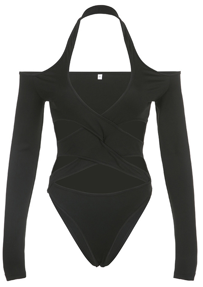 Halter Neck Cut-out Crossover Black Bodysuit
