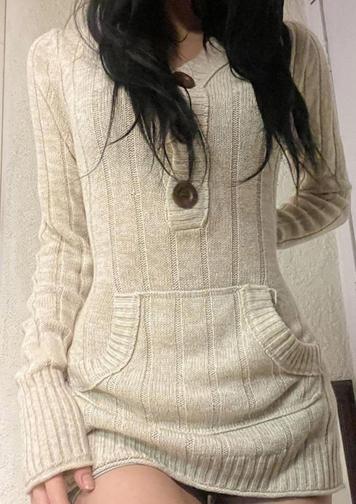 RIBBED TRIM HOODED WHITE BODYCON DRESS