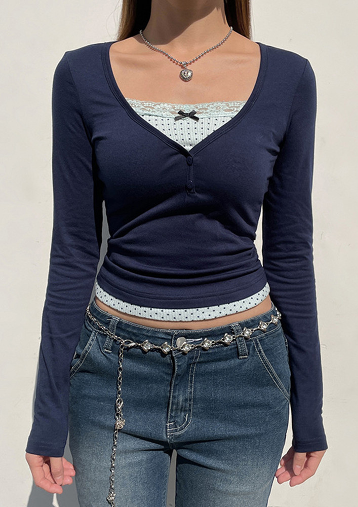 KNIT BLUE LACE-TRIM FITTED T-SHIRT