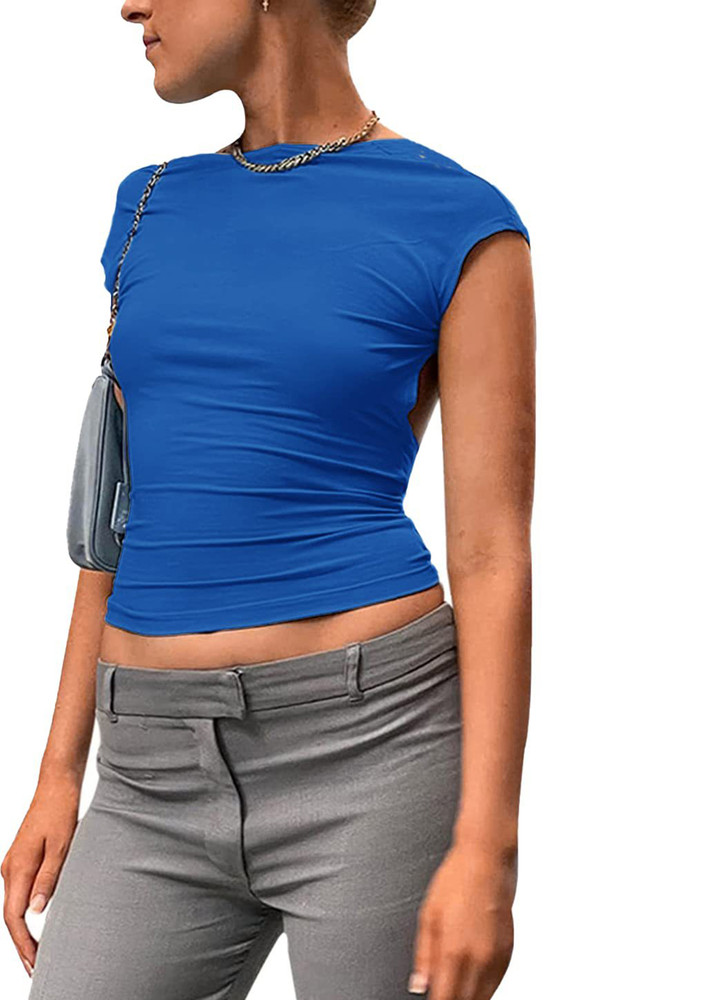 SOLID OPEN-BACK SEAMLESS BLUE T-SHIRT
