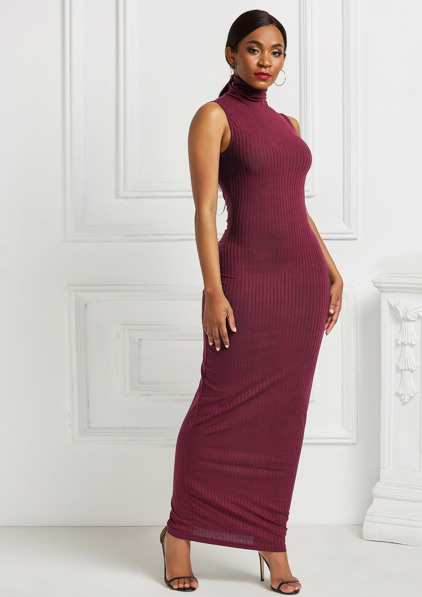 Buy CRIMSON RIBBED HIGH-NECK MAXI BODYCON DRESS for Women Online in India
