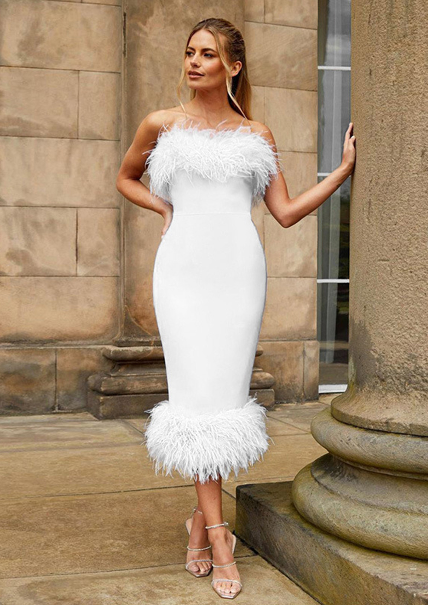 buy fitted white faux feather trim detail midi dress for women