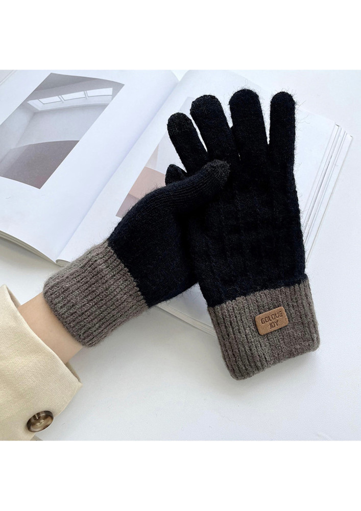 Warm Black-deepgrey Knitted Polyester Gloves