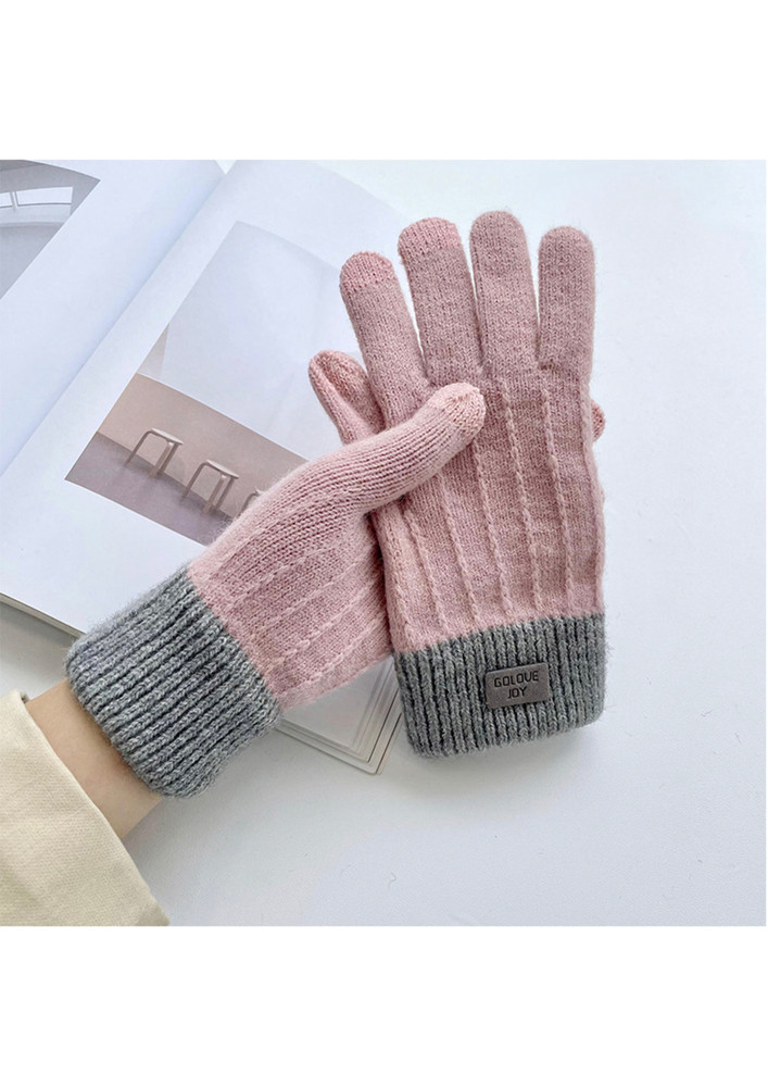Warm Pink-grey Knitted Polyester Gloves